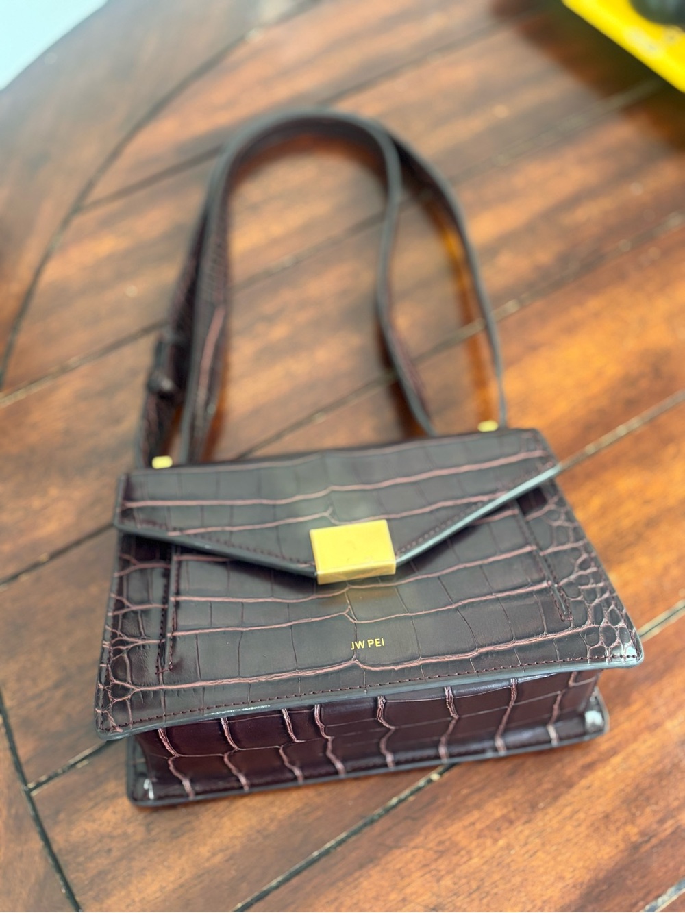 JW PEI Croc-Embossed Deep Burgundy Shoulder Bag with Gold Hardware